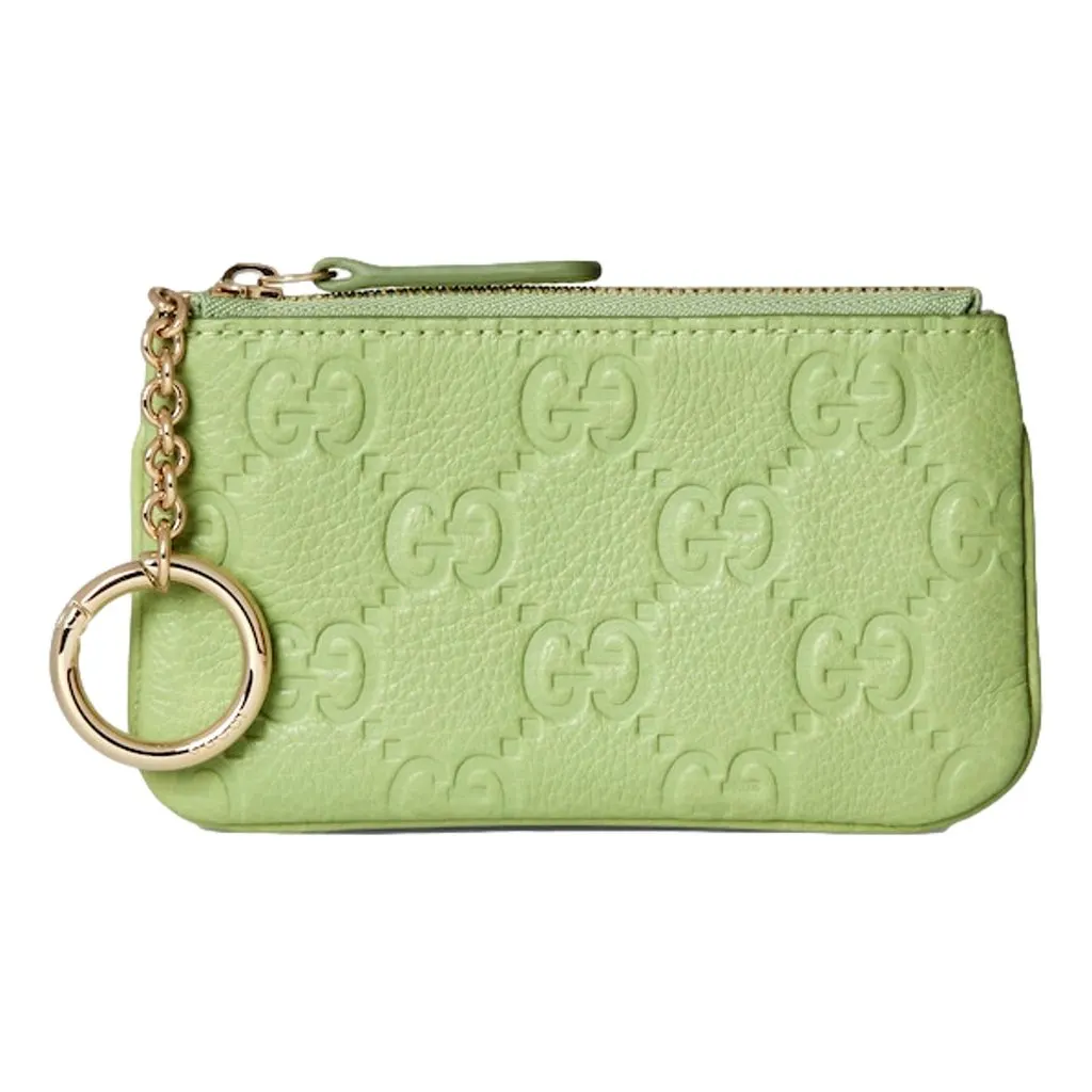 Gucci GG Embossed Green Leather Key Pouch Green Leather Never worn - Front View