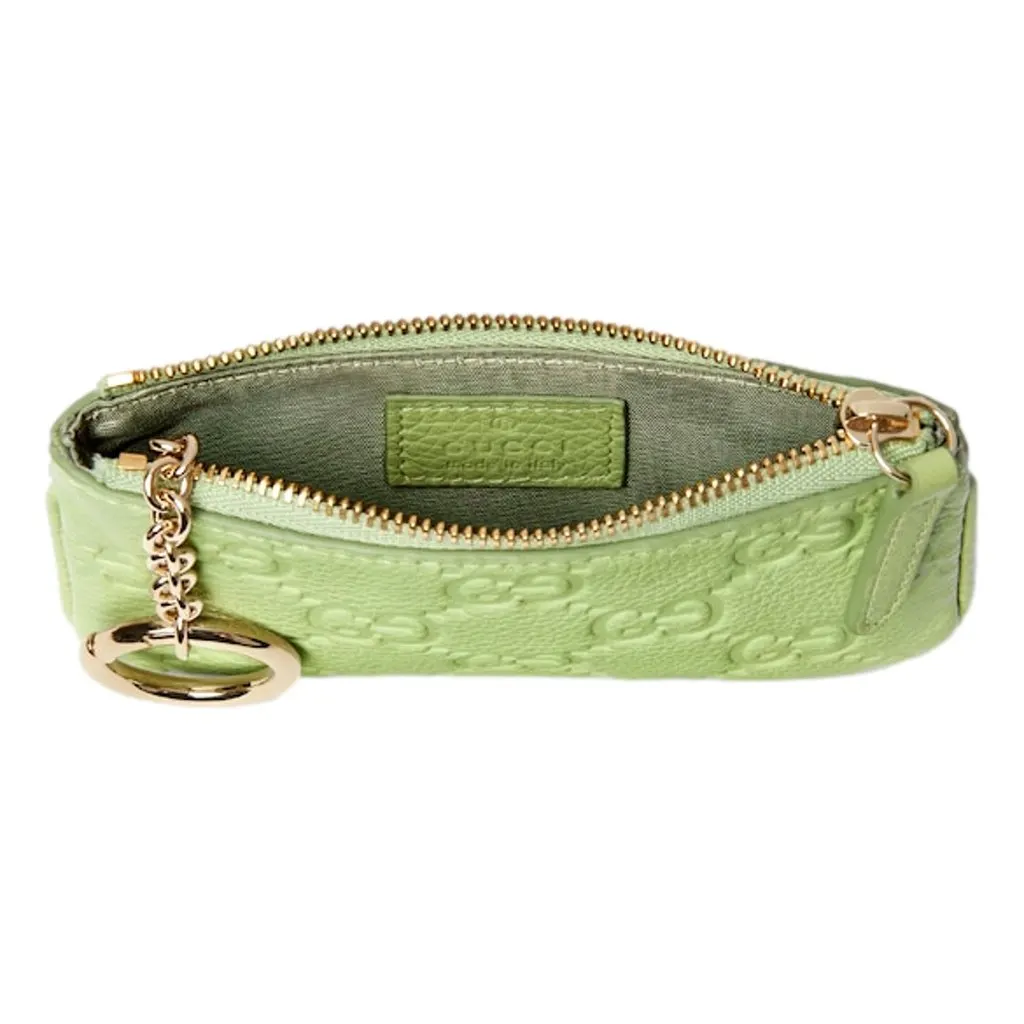 Gucci GG Embossed Green Leather Key Pouch Green Leather Never worn - Inside View