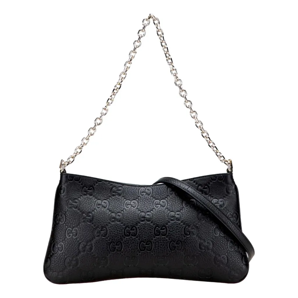 Gucci GG Emblem Black Leather Shoulder Bag Chain Strap Black Leather Never worn - Front View