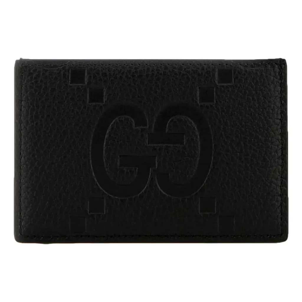 Gucci Jumbo GG Black Leather Card Holder Wallet Embossed Logo Black Leather Never worn - Front View