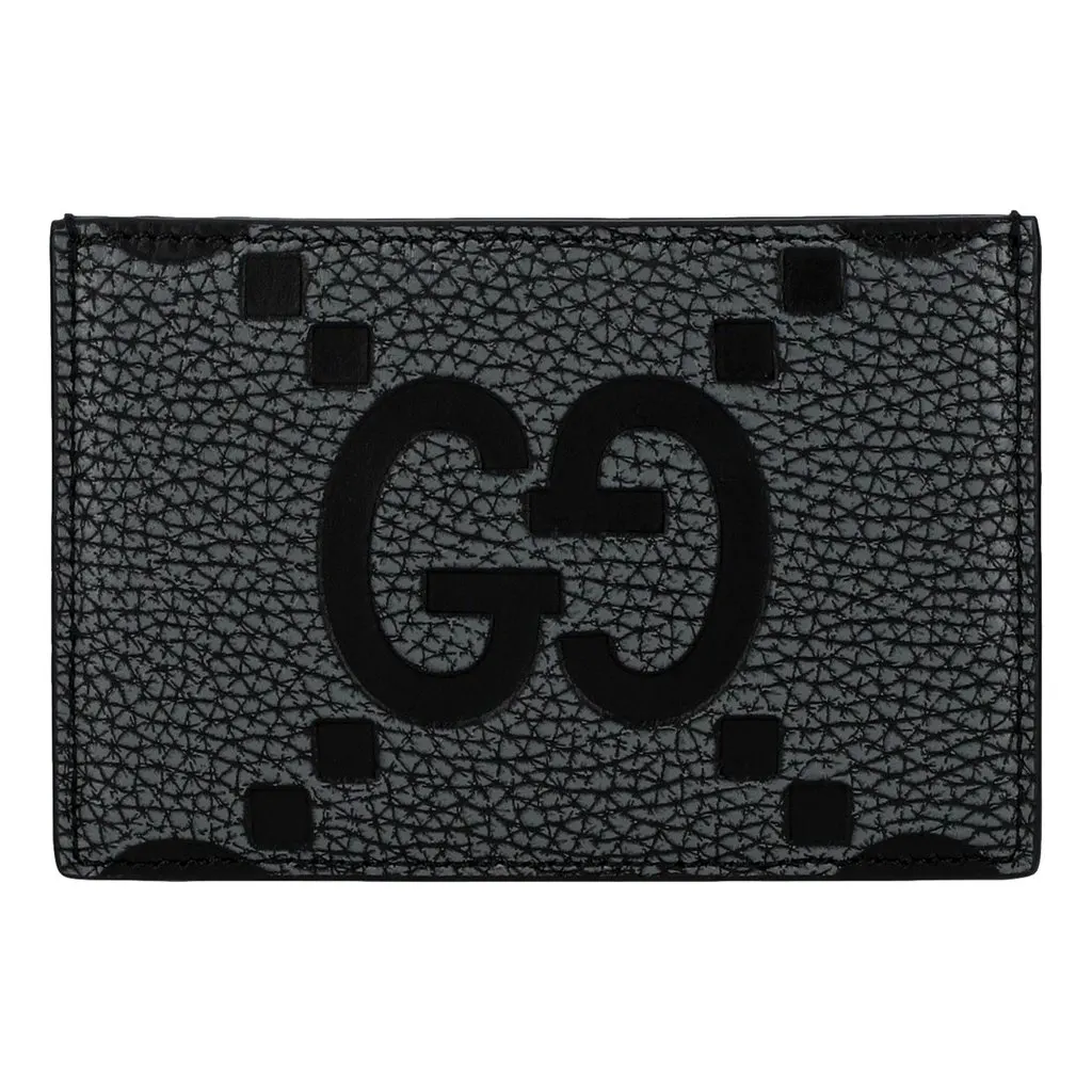 Gucci Jumbo GG Gray Leather Card Holder Wallet Embossed Logo Black Leather Never worn - Front View
