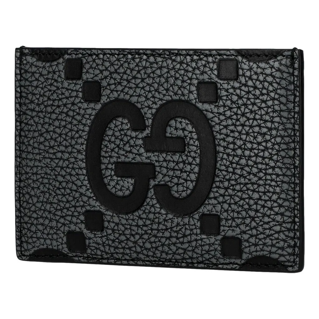 Gucci Jumbo GG Gray Leather Card Holder Wallet Embossed Logo Black Leather Never worn - Back View