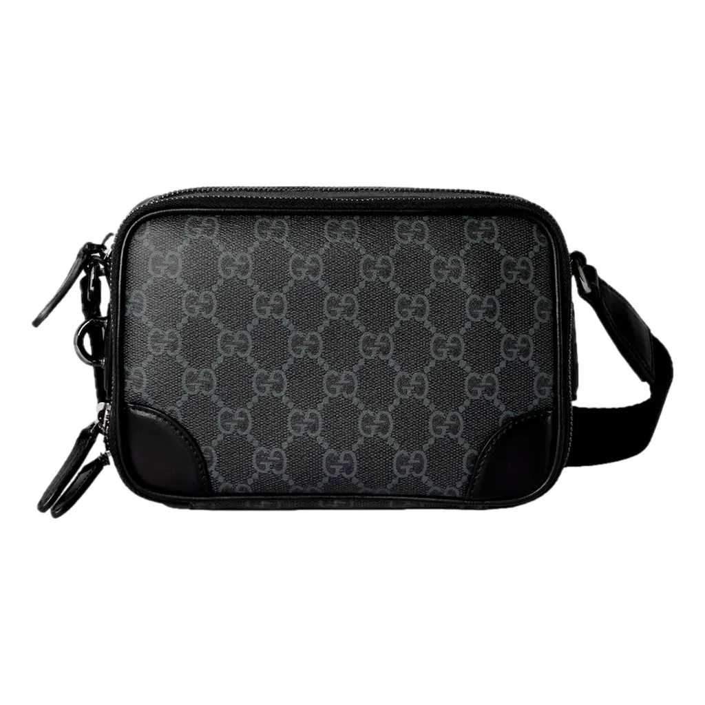 Gucci GG Black Canvas and Leather Unisex Dual Compartment Crossbody Bag Black Leather Never worn - Front View