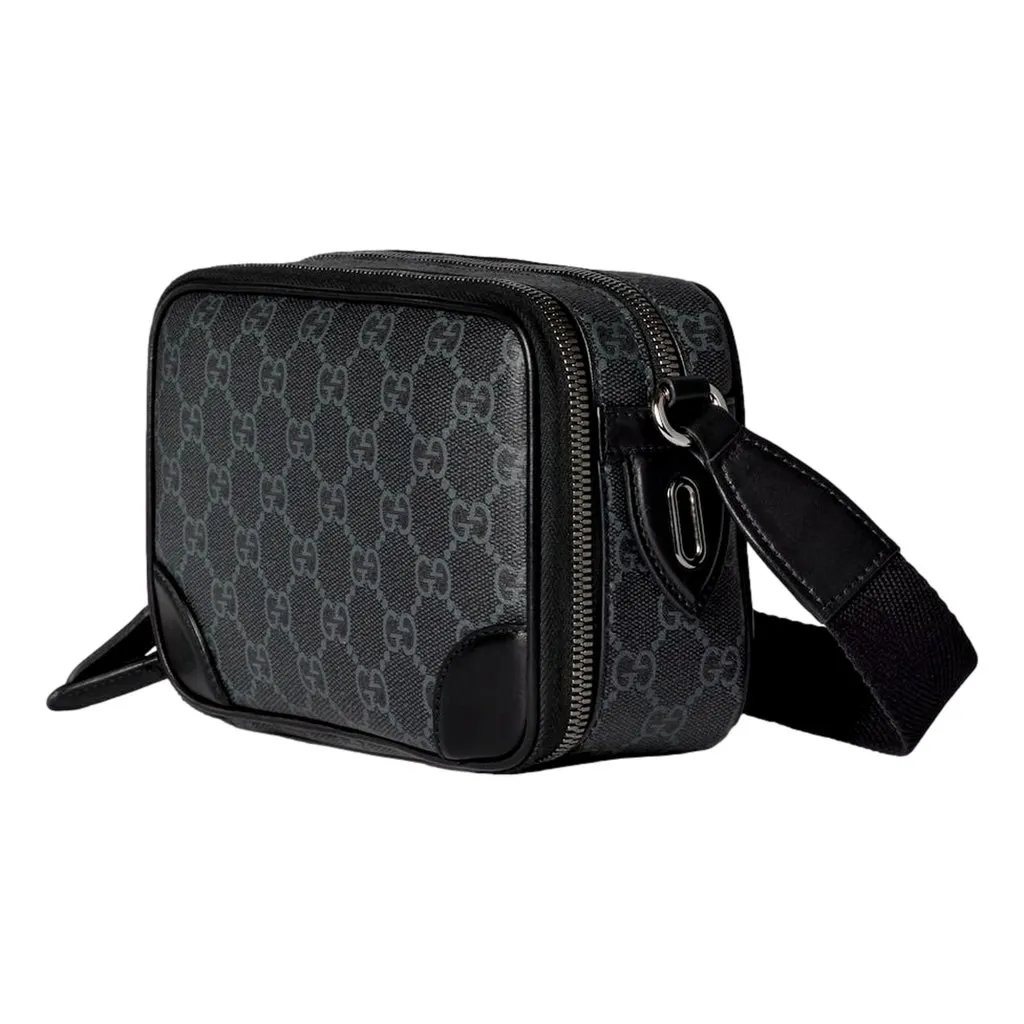 Gucci GG Black Canvas and Leather Unisex Dual Compartment Crossbody Bag Black Leather Never worn - Back View