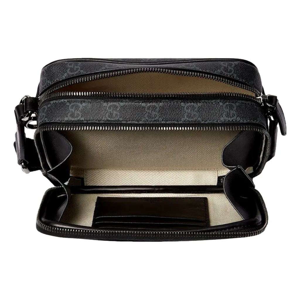 Gucci GG Black Canvas and Leather Unisex Dual Compartment Crossbody Bag Black Leather Never worn - Model View