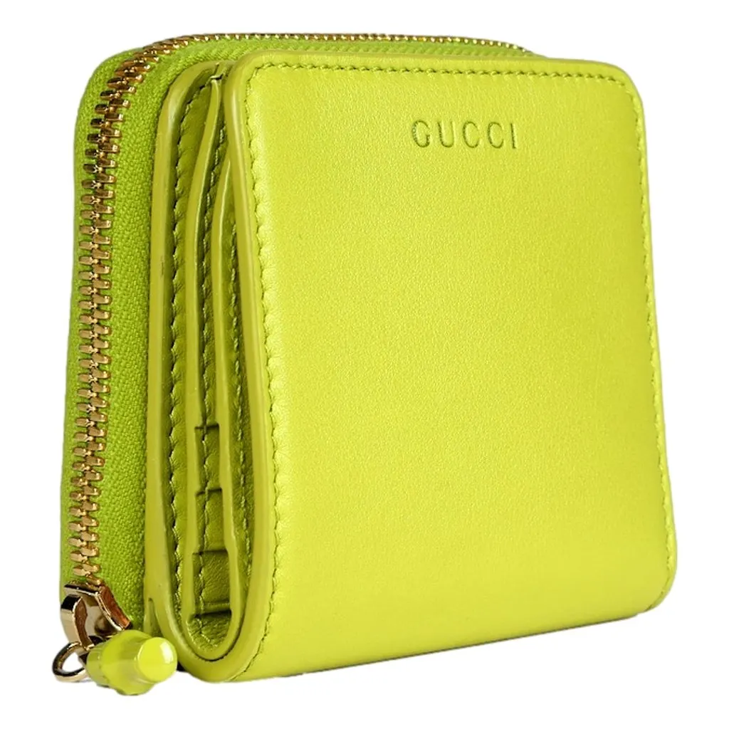 Gucci Gucci Bamboo Series Lime Green Leather Zip Around Bifold Wallet Green Leather Never worn - Back View