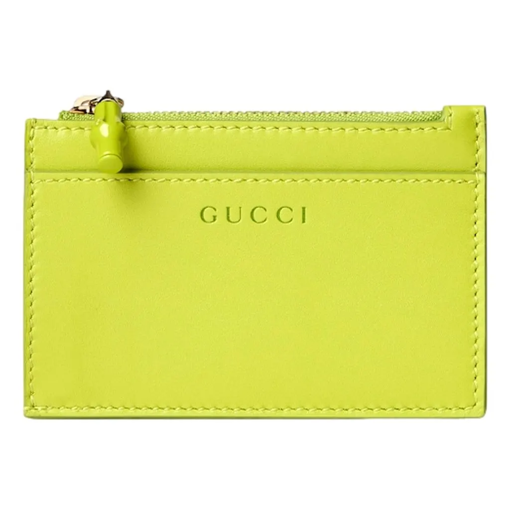Gucci Bamboo Series Lime Green Leather Zipper Card Holder Wallet Green Leather Never worn - Front View