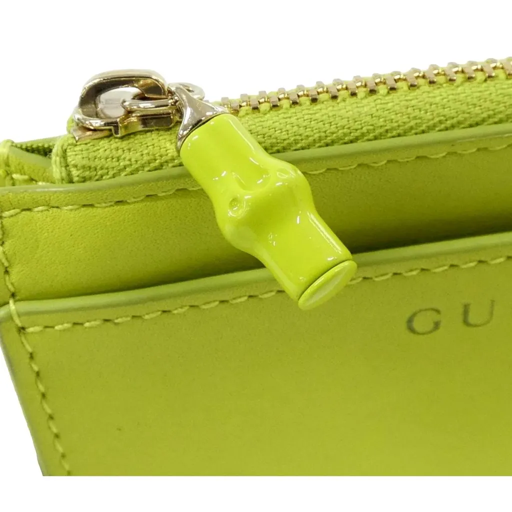 Gucci Bamboo Series Lime Green Leather Zipper Card Holder Wallet Green Leather Never worn - Box View