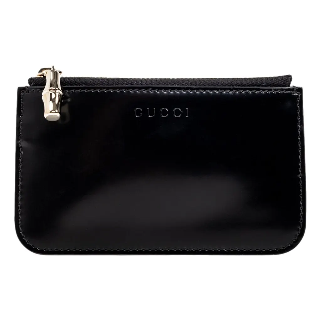 Gucci Bamboo Pull Zipper Black Patent Leather Card Case Wallet Black Leather Never worn - Front View