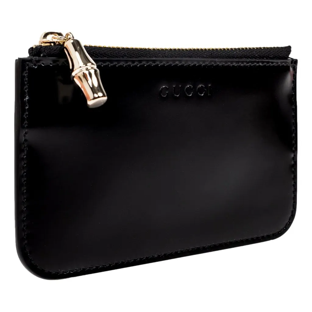 Gucci Bamboo Pull Zipper Black Patent Leather Card Case Wallet Black Leather Never worn - Inside View