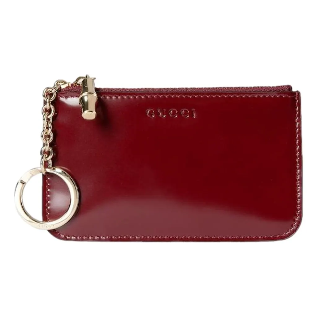 Gucci Gucci Bamboo Series Bordeaux Patent Leather Zipper Key Pouch Wallet Red Leather Never worn - Front View