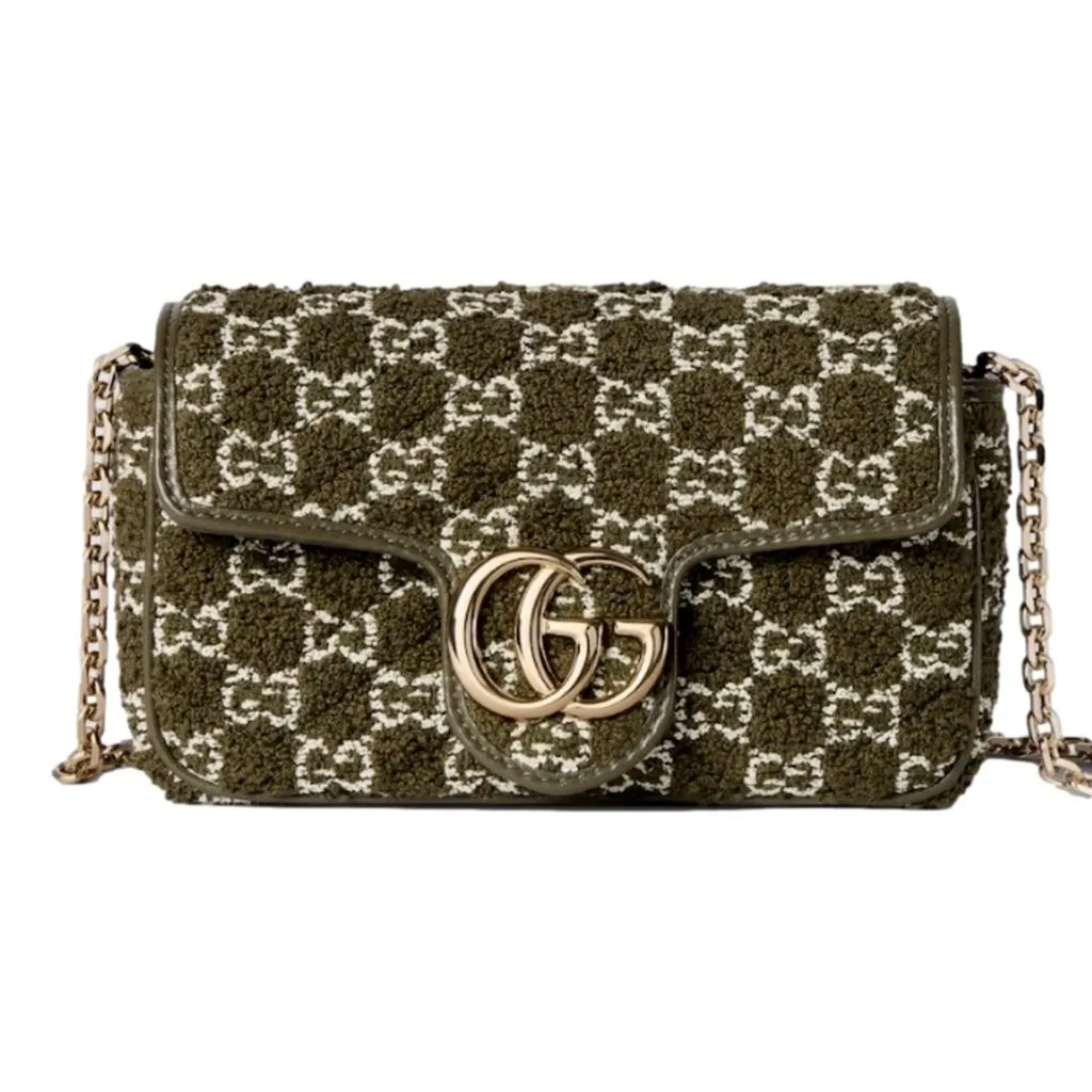 Gucci GG Marmont Olive Green Boucle Terry Chain Crossbody Bag Green Leather Never worn - Front View