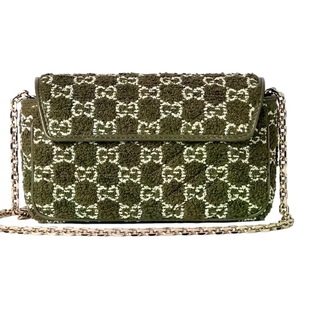 Gucci GG Marmont Olive Green Boucle Terry Chain Crossbody Bag Green Leather Never worn - Back View