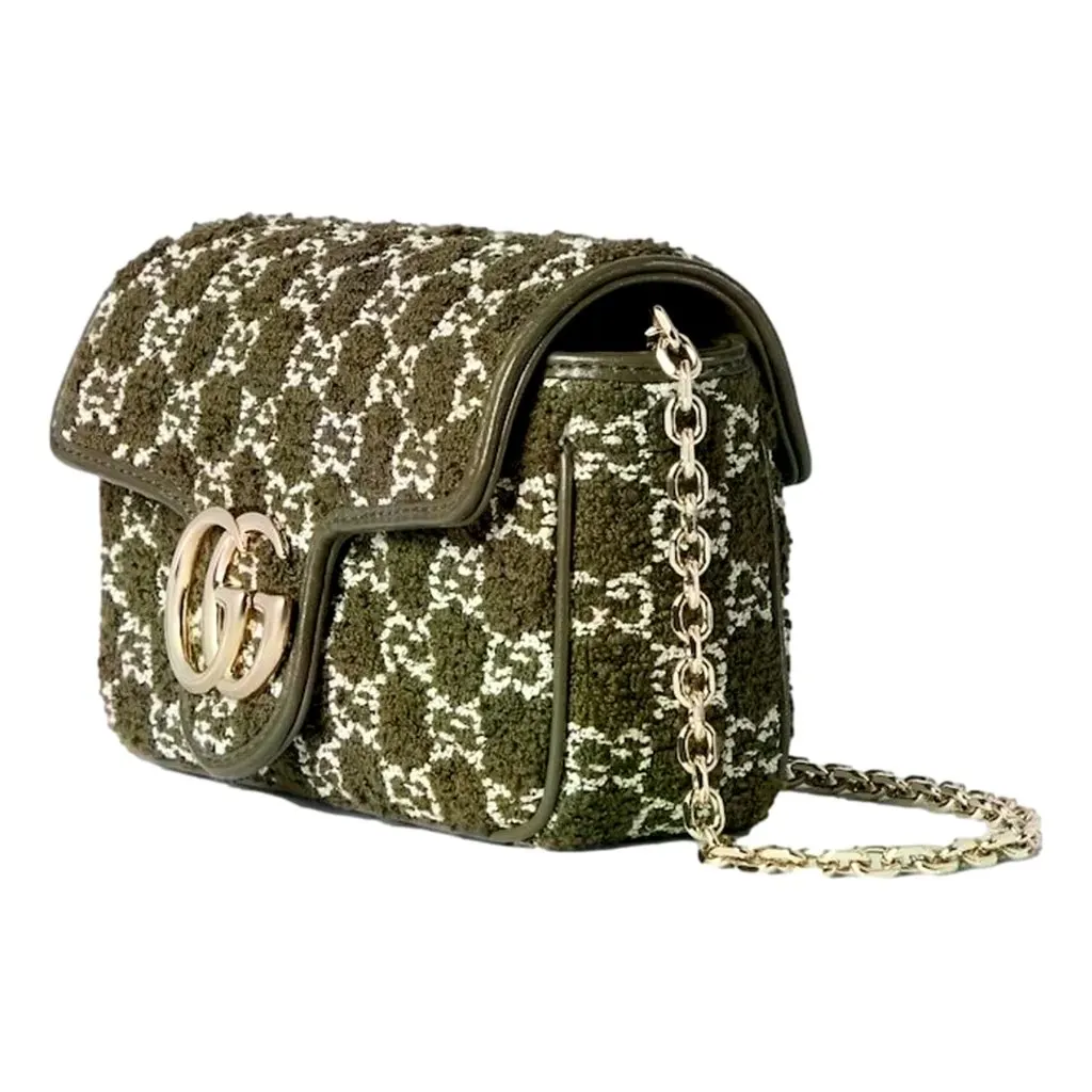 Gucci GG Marmont Olive Green Boucle Terry Chain Crossbody Bag Green Leather Never worn - Model View
