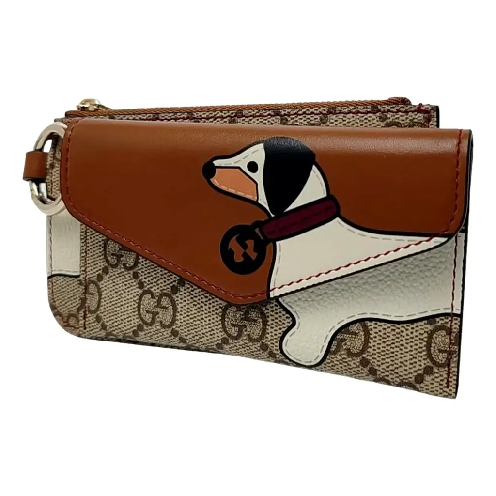 Gucci Dachshund GG Supreme Canvas Leather Brown Double Wallet Lanyard Brown Leather Never worn - Front View
