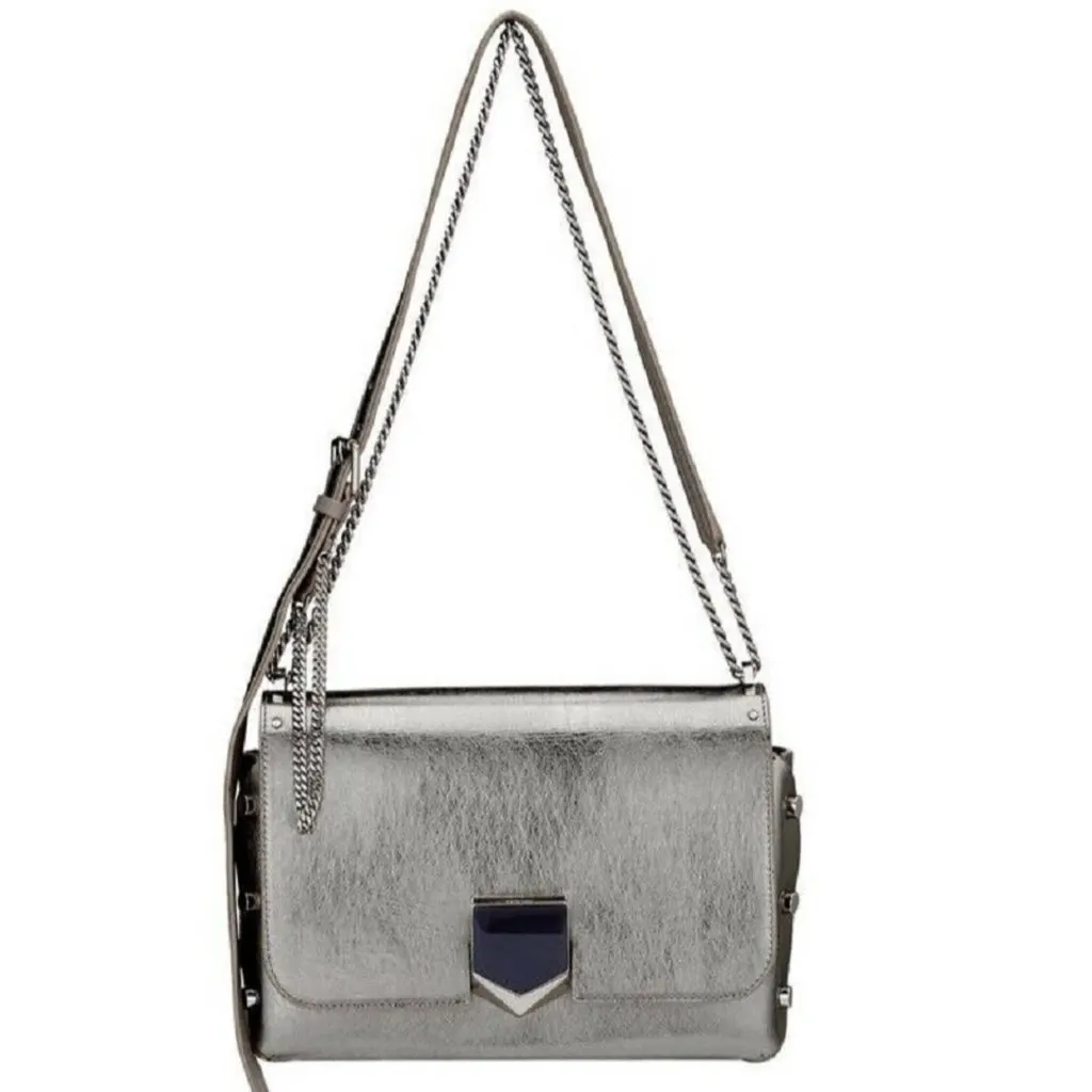 Jimmy Choo Lockett Metallic Silver Studded Leather Crossbody Bag