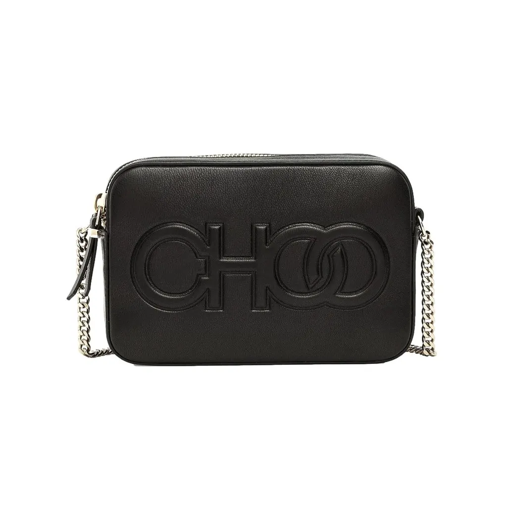 Jimmy Choo Balti Camera Crossbody Bag Black Embossed Leather Chain Strap Black Leather Never worn - Front View