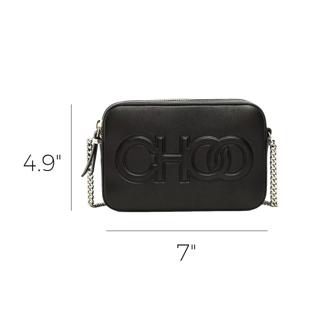 Jimmy Choo Balti Camera Crossbody Bag Black Embossed Leather Chain Strap Black Leather Never worn - Back View