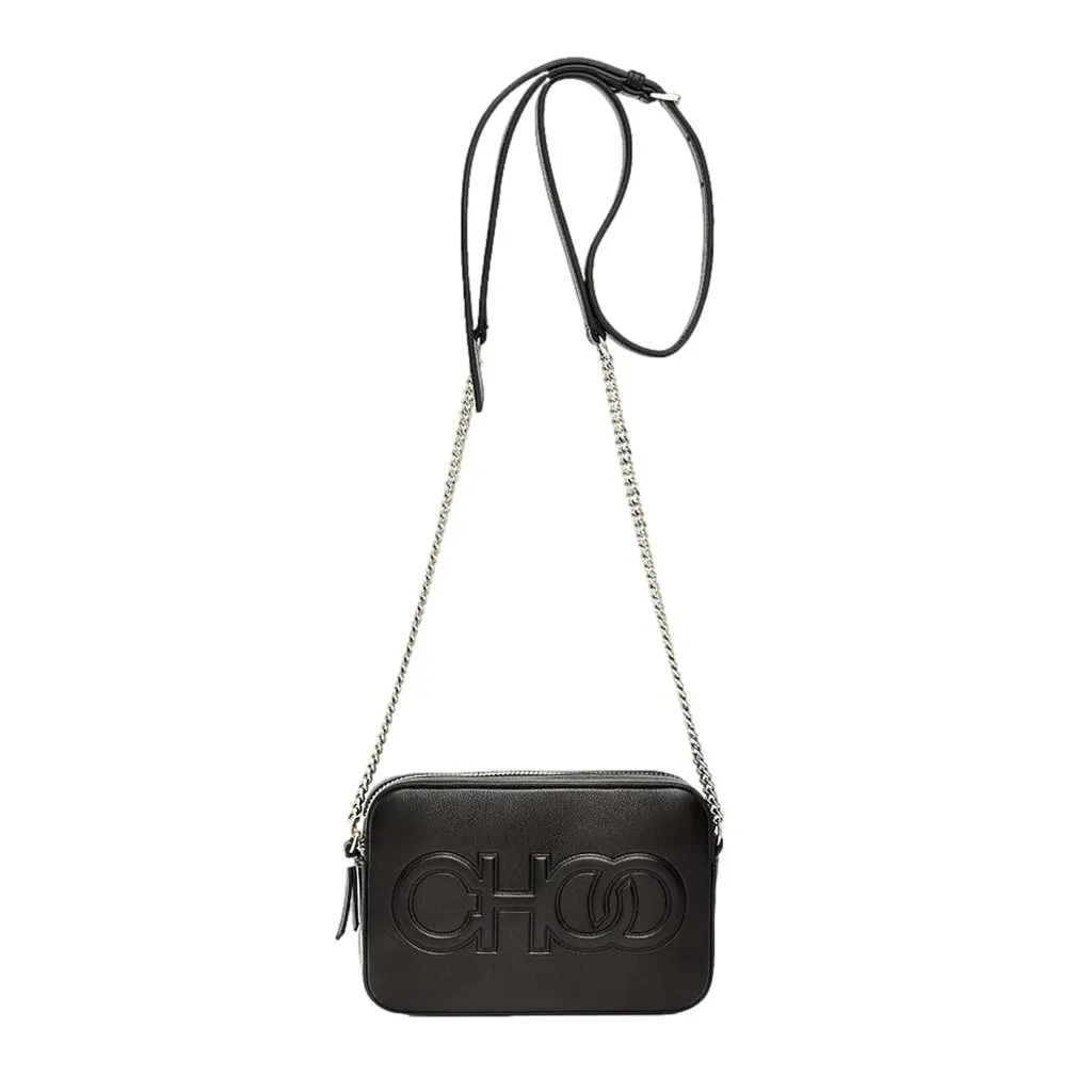 Jimmy Choo Balti Camera Crossbody Bag Black Embossed Leather Chain Strap Black Leather Never worn - Model View