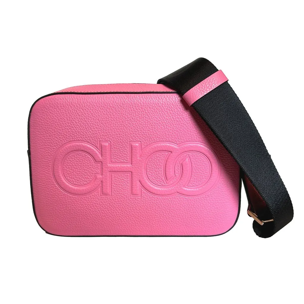Jimmy Choo Peony Pink Leather Camera Crossbody Bag Logo Zip Gold Hardware MultiColor Leather Never worn - Front View