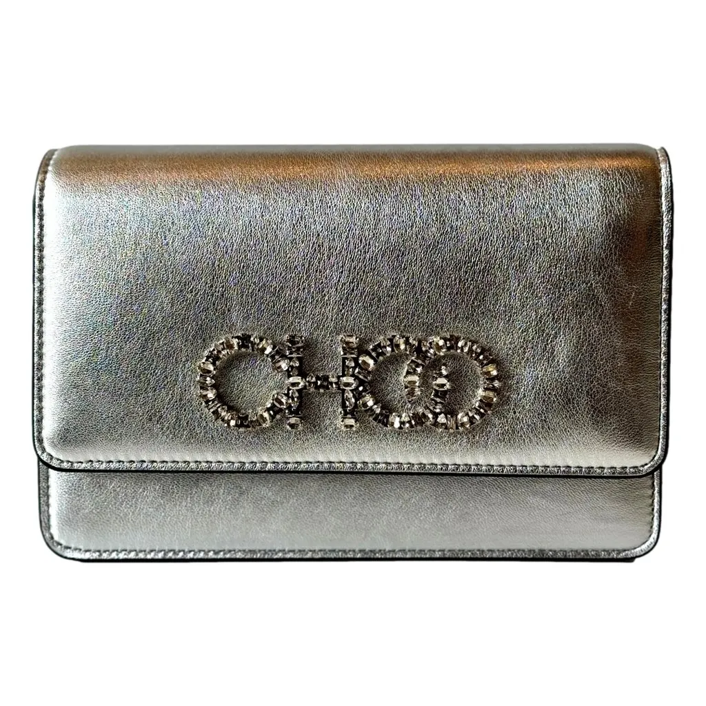 Jimmy Choo Kalina Crossbody Clutch Bag Crystal Logo Metallic Silver Silver Leather Never worn - Front View