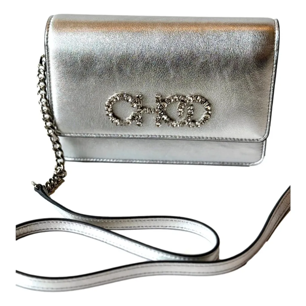 Jimmy Choo Kalina Crossbody Clutch Bag Crystal Logo Metallic Silver Silver Leather Never worn - Back View