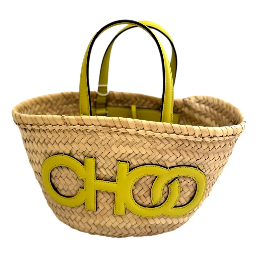 Jimmy Choo Raffia Tote Bag Citron Yellow Leather Trim Logo Crossbody Shopper Beige Leather Never worn - Front View