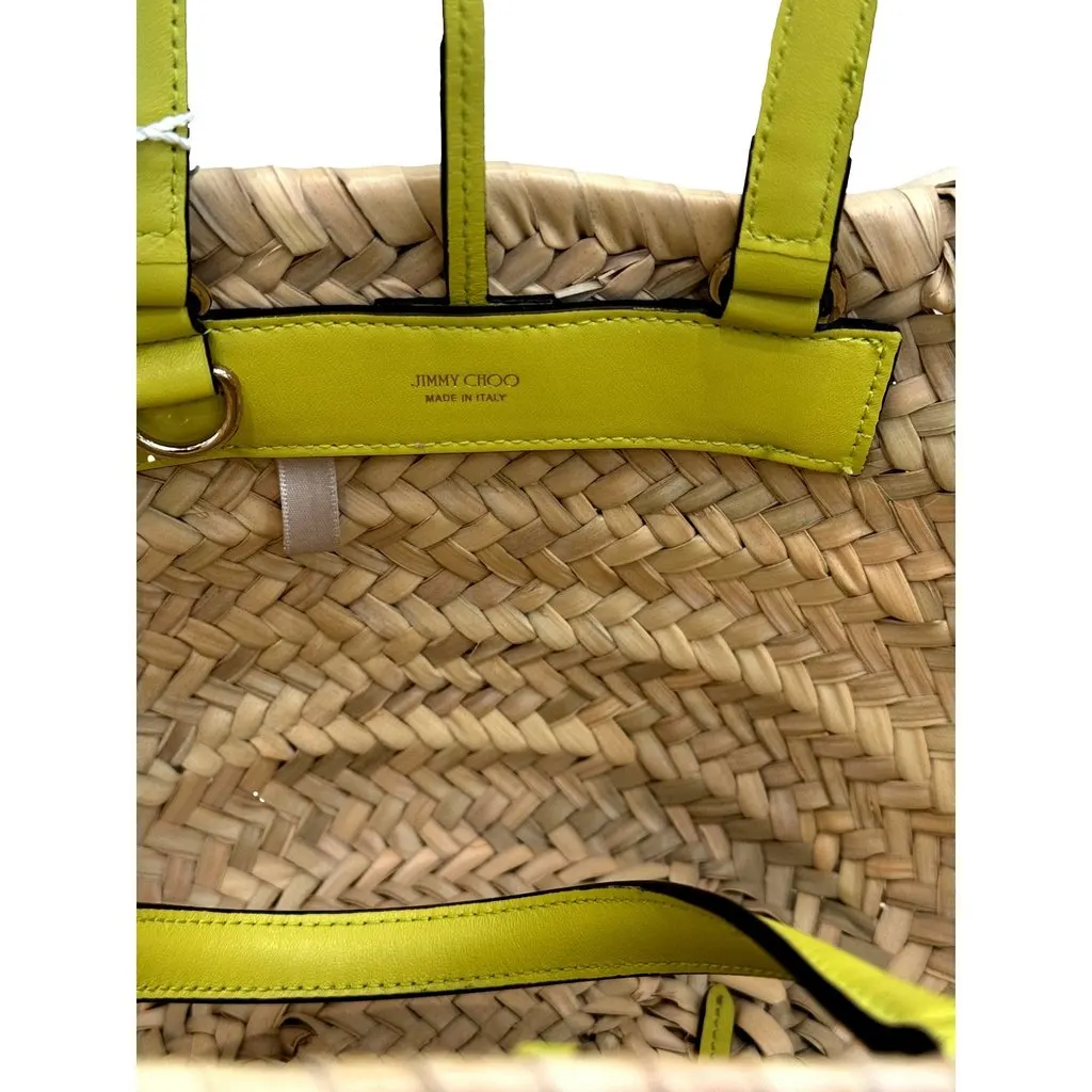 Jimmy Choo Logo Crossbody Tote Bag Natural Raffia Citron Yellow Trim Yellow Leather Never worn - Model View