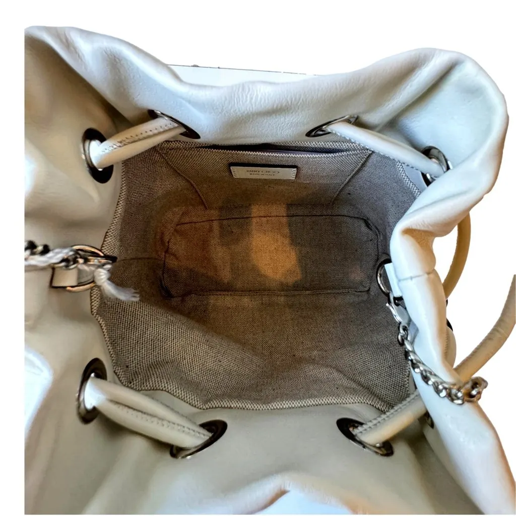 Jimmy Choo Marcheline Pearl Small Bucket Crossbody Bag Ivory White Leather Never worn - Model View