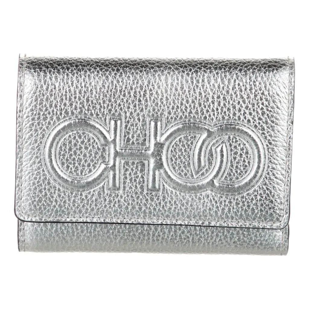 Jimmy Choo Loni Silver Leather Embossed Logo Tri-Fold Card Case Wallet Silver Leather Never worn - Front View