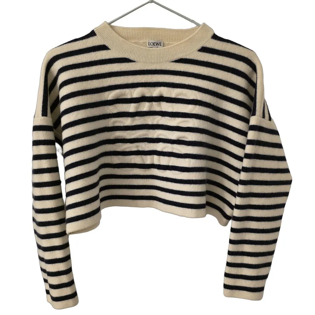 Loewe LOEWE Anagram Striped Cropped Wool Sweater - Size M White Wool Very good - Front View