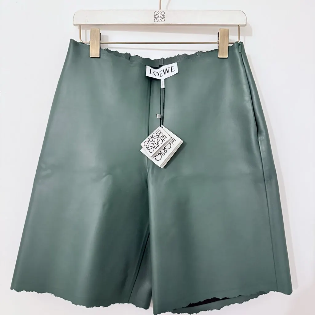 Loewe SS24 Distressed Leather Shorts Green Leather Never worn, with tag - Inside View