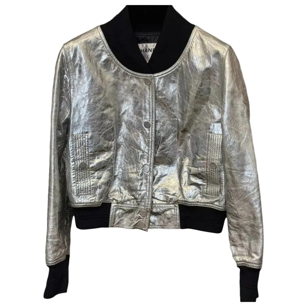 Chanel Silver Leather Jacket Silver Leather Very good - Front View