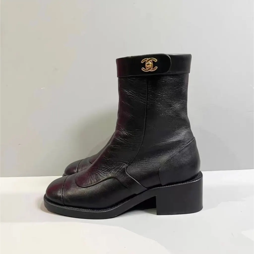 Chanel Black Leather Boots Black Leather Very good - Back View