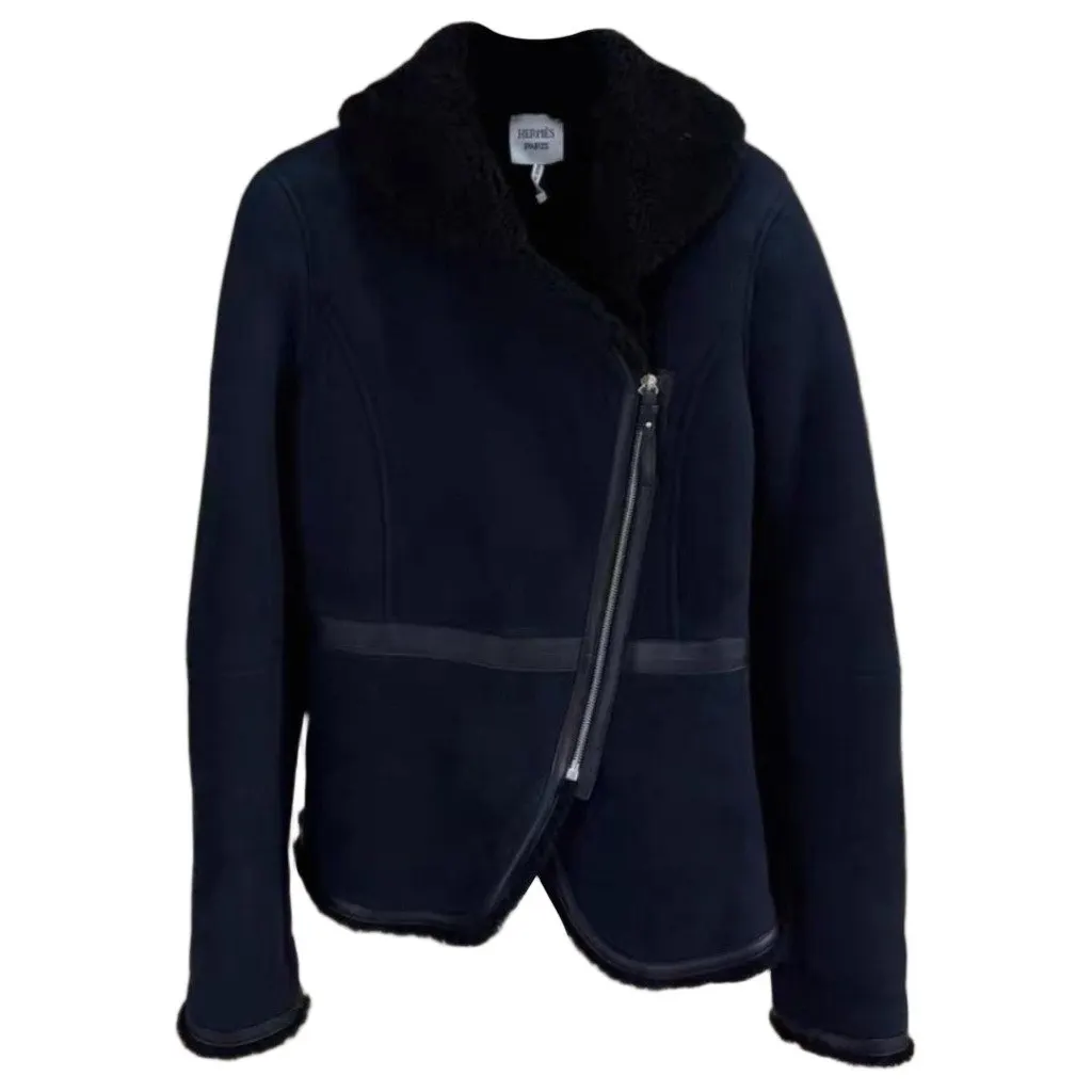 Hermes Navy Shearling Coat Navy Shearling Very good - Front View