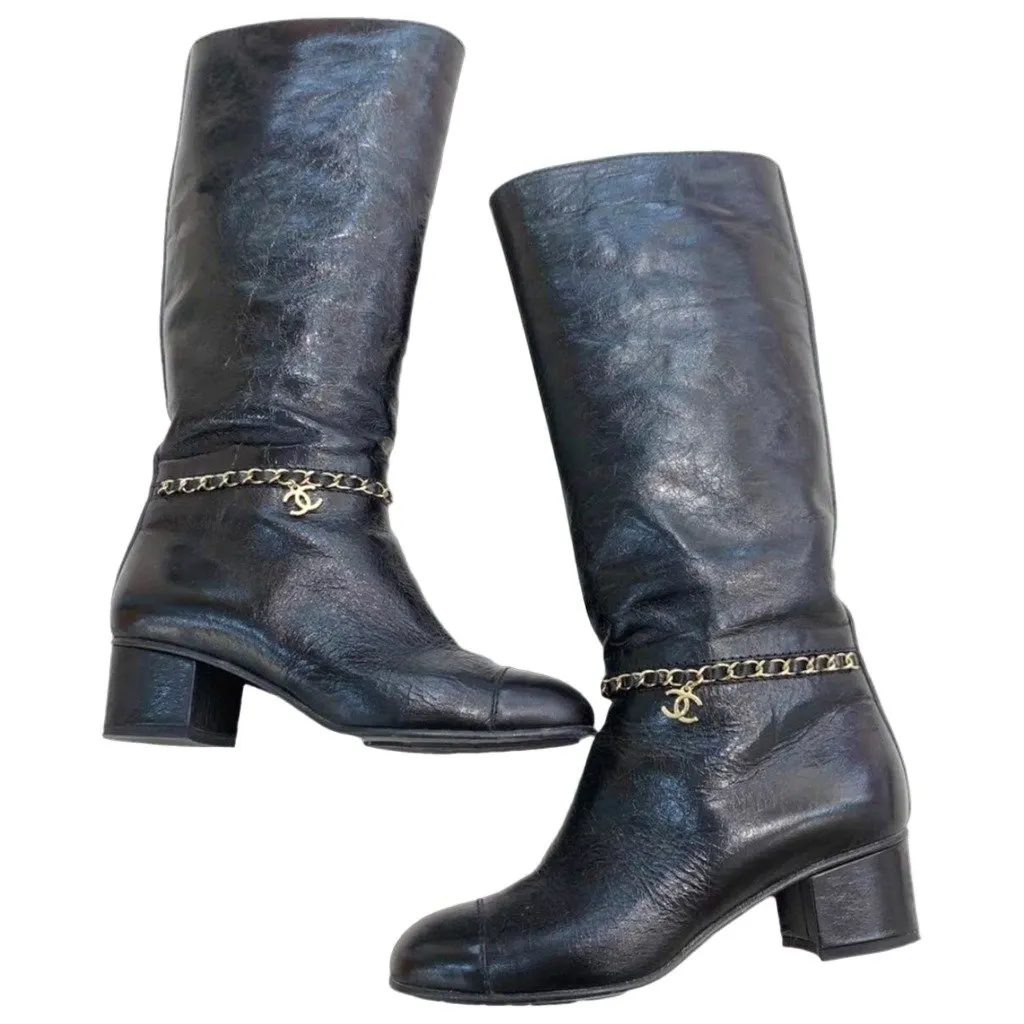 Chanel Black Leather Boots Black Leather Very good - Front View