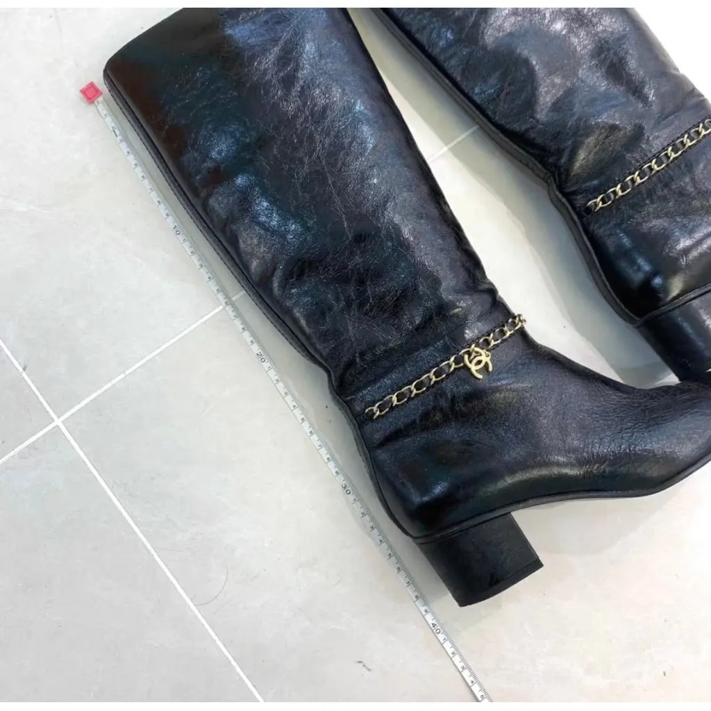 Chanel Black Leather Boots Black Leather Very good - Back View
