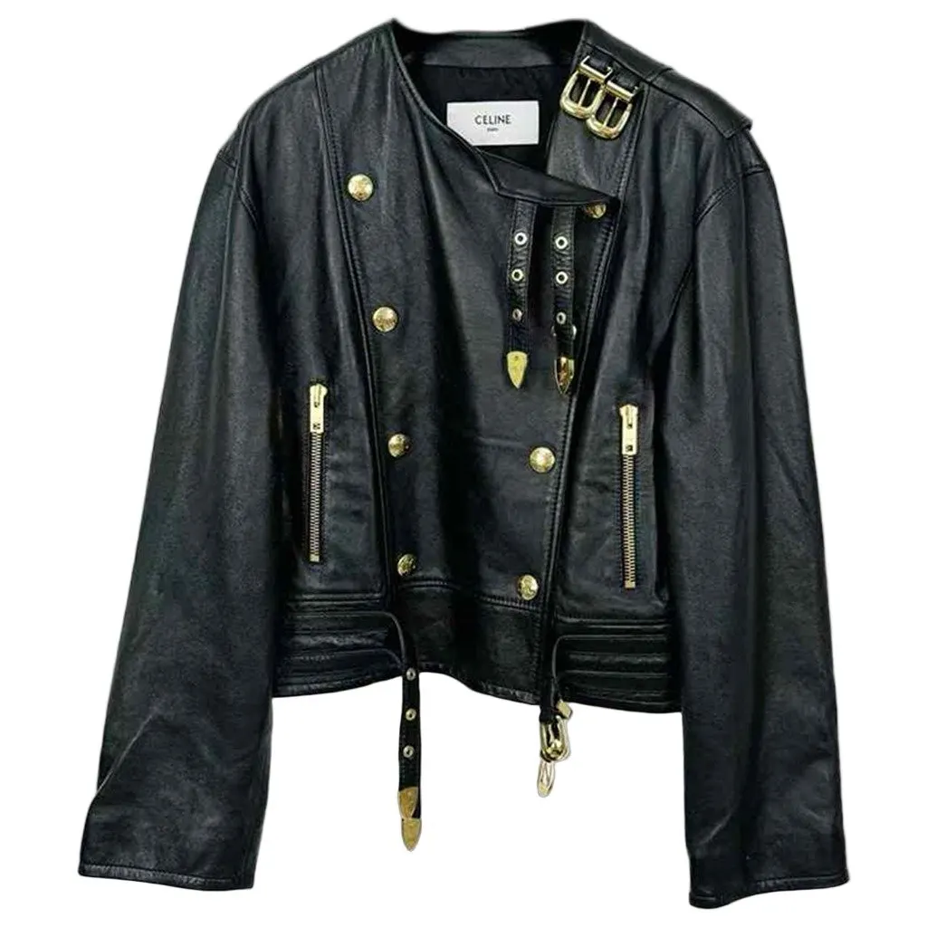 Celine Black Leather Jacket Black Leather Very good - Front View