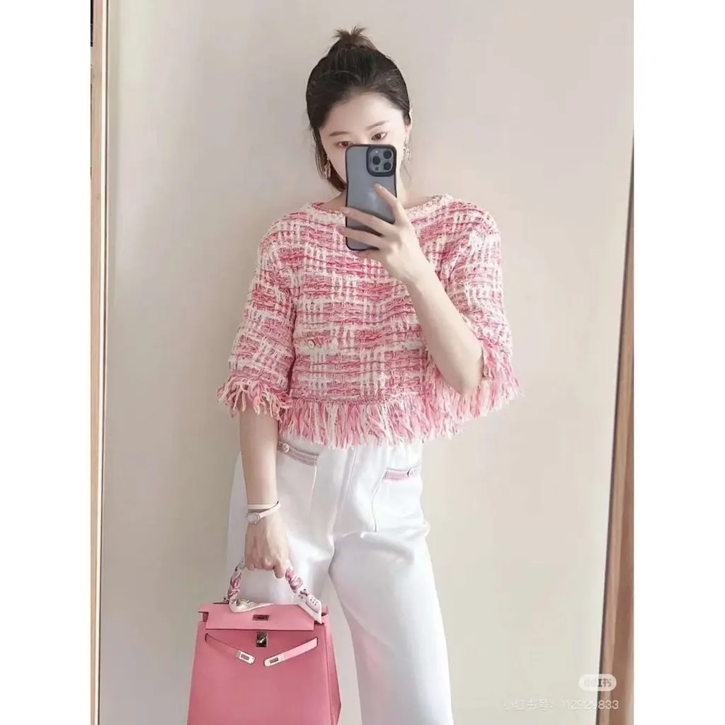 Chanel Pink Cotton Knitwear Pink Cotton Never worn, with tag - Model View