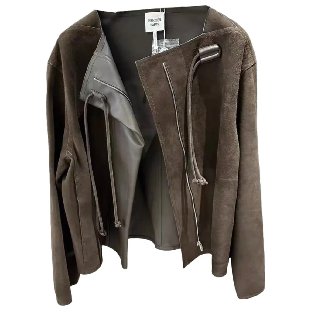 Hermes Khaki Leather Coat Khaki Leather Never worn, with tag - Front View