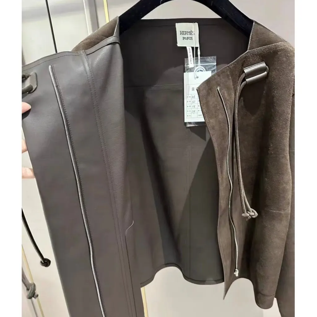 Hermes Khaki Leather Coat Khaki Leather Never worn, with tag - Inside View