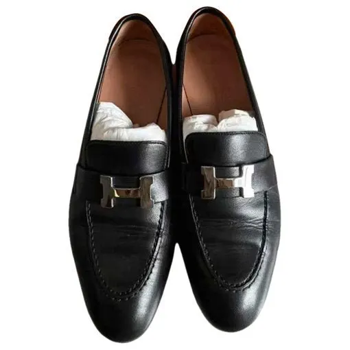 Hermes Time Black Leather Flat Shoes Black Leather Very good - Front View