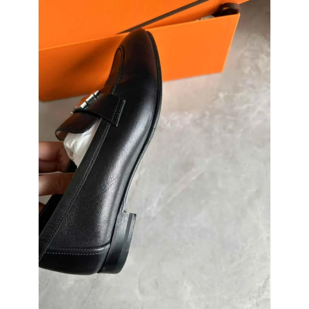 Hermes Time Black Leather Flat Shoes Black Leather Very good - Back View