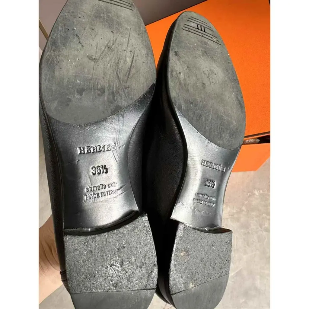 Hermes Time Black Leather Flat Shoes Black Leather Very good - Inside View