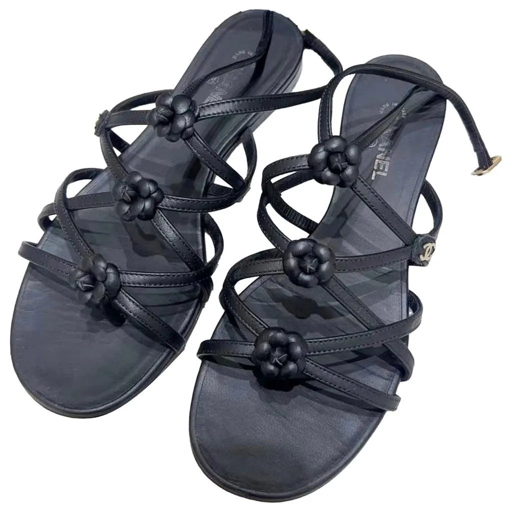 Chanel Black Leather Sandals Black Leather Very good - Front View