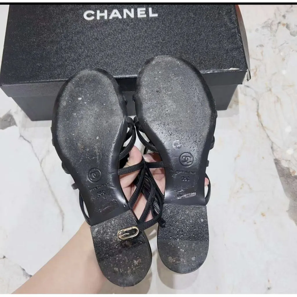 Chanel Black Leather Sandals Black Leather Very good - Box View