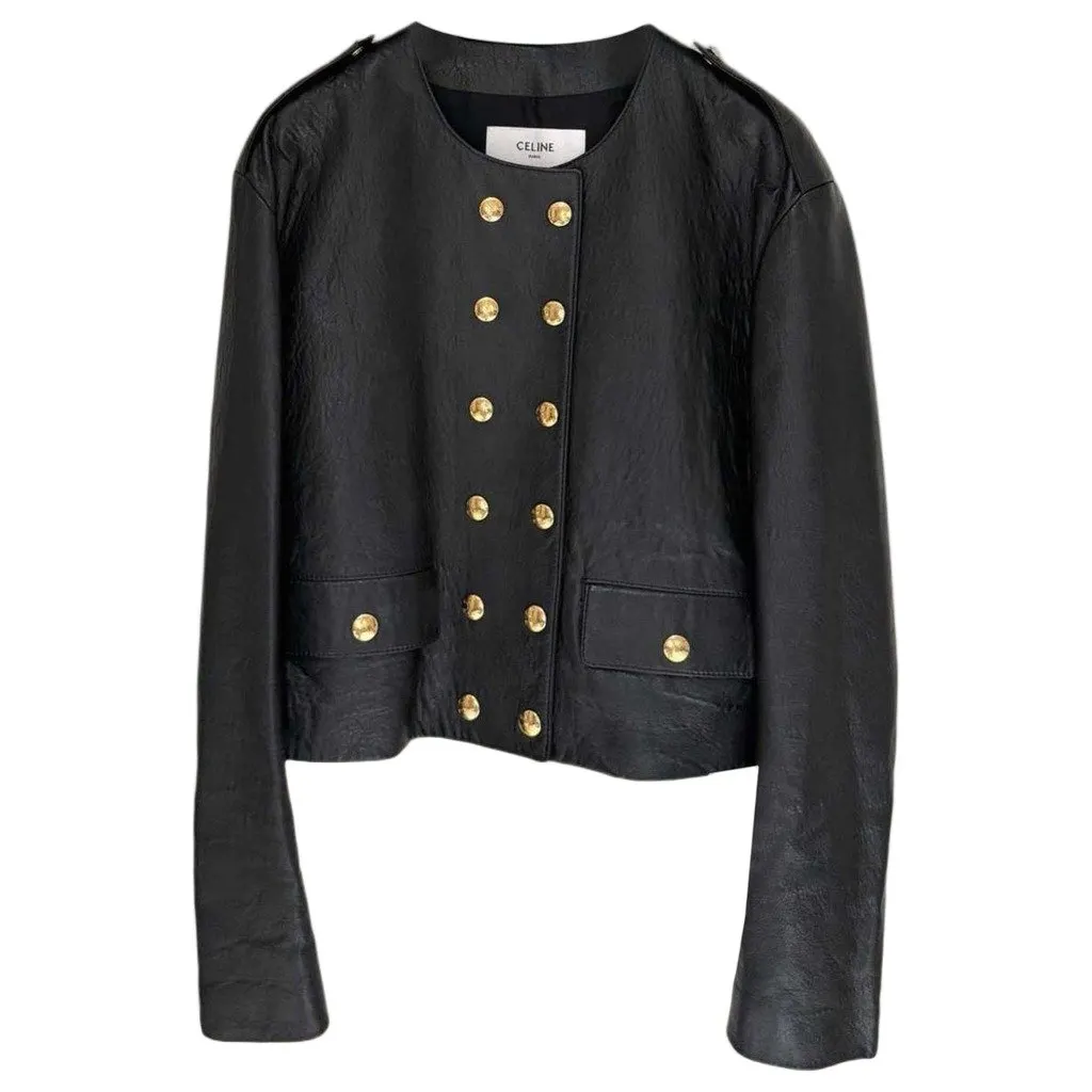 Celine Black Leather Jacket Black Leather Very good - Front View