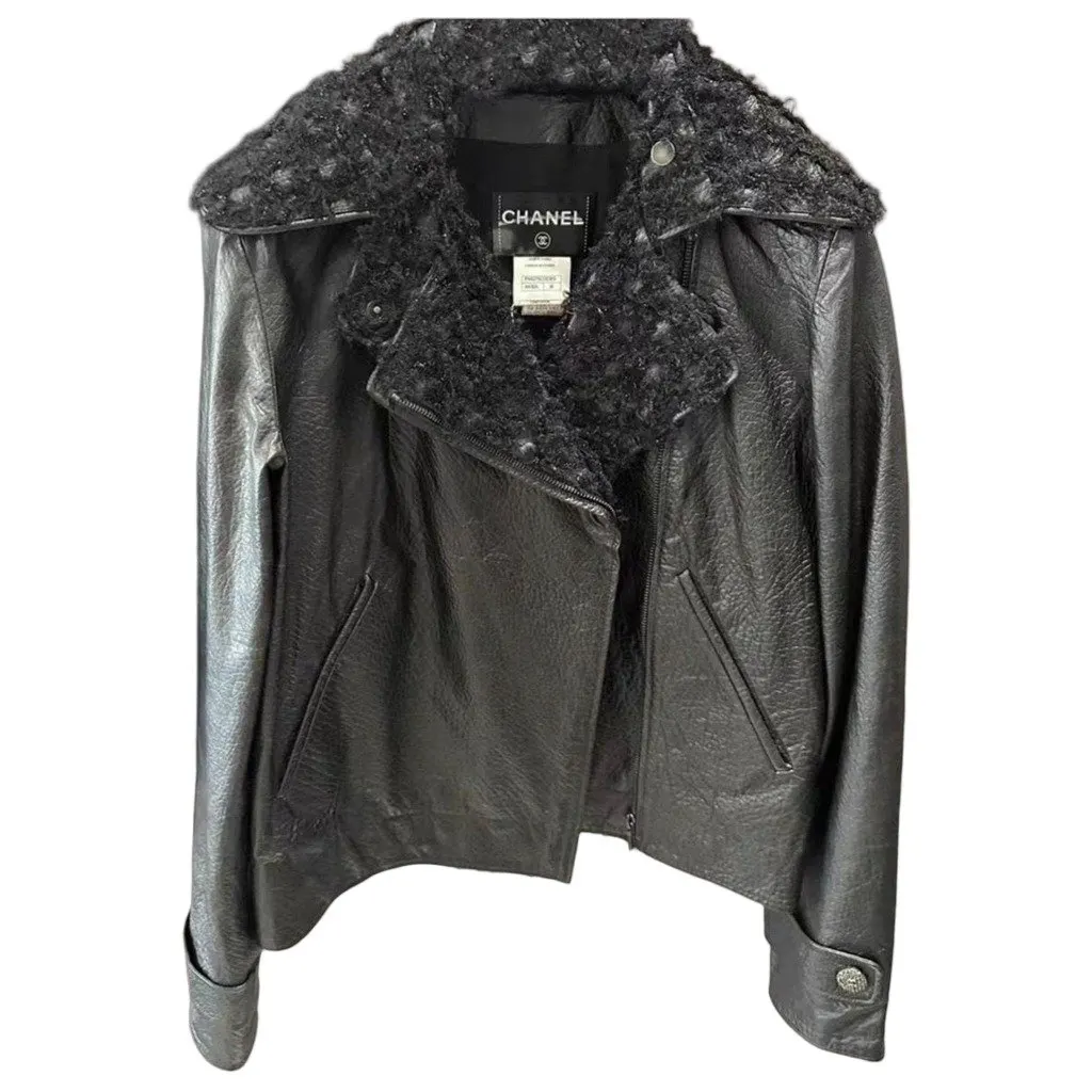 Chanel Black Leather Jacket Black Leather Very good - Front View