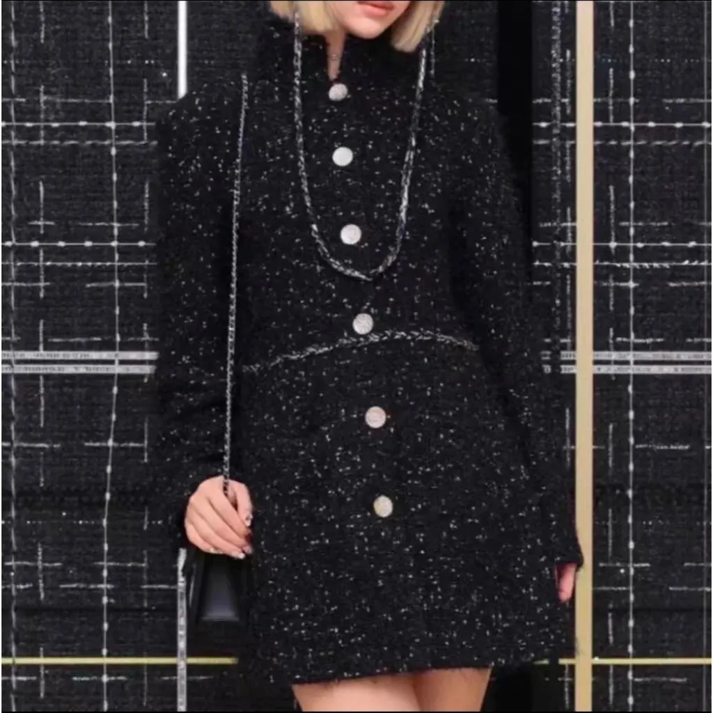 Chanel Black Tweed Coat Black Tweed Very good - Back View