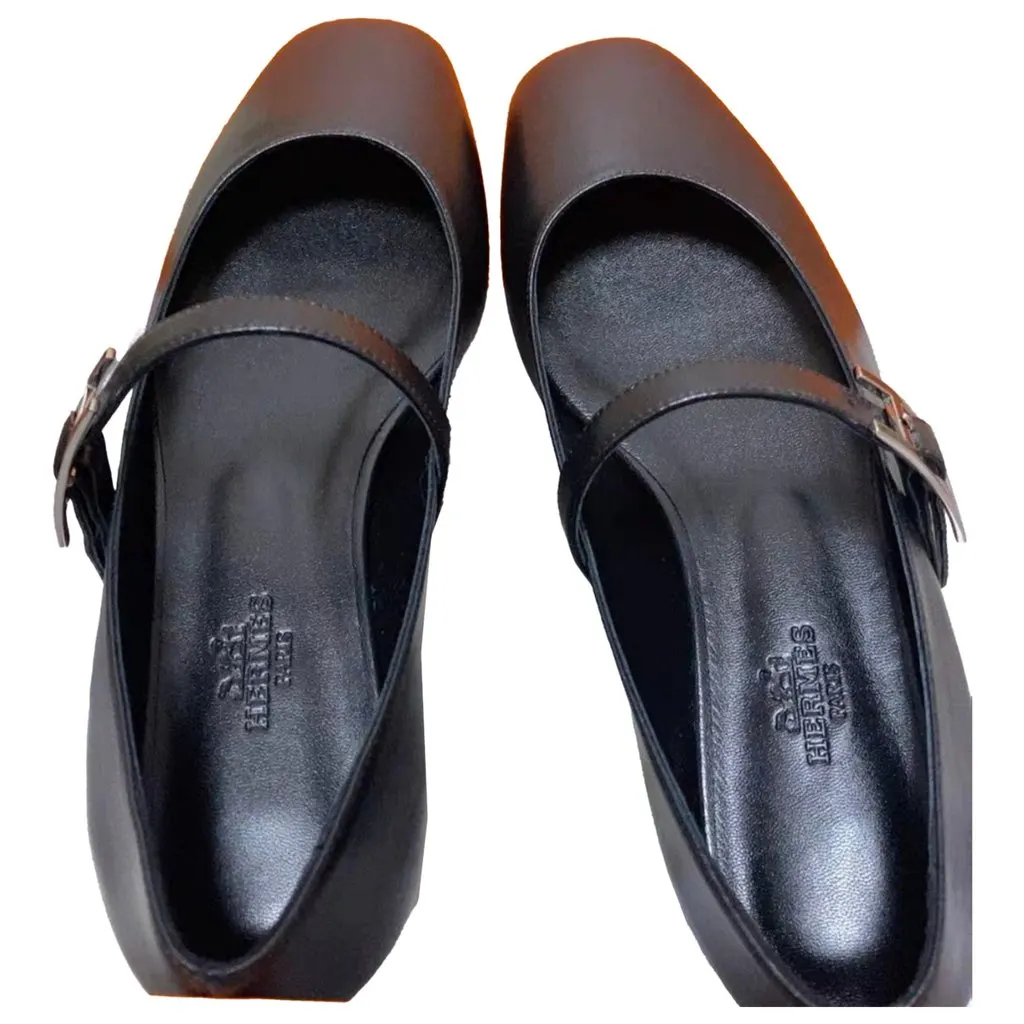 Hermes Black Leather Ballet Flats Black Leather Very good - Front View